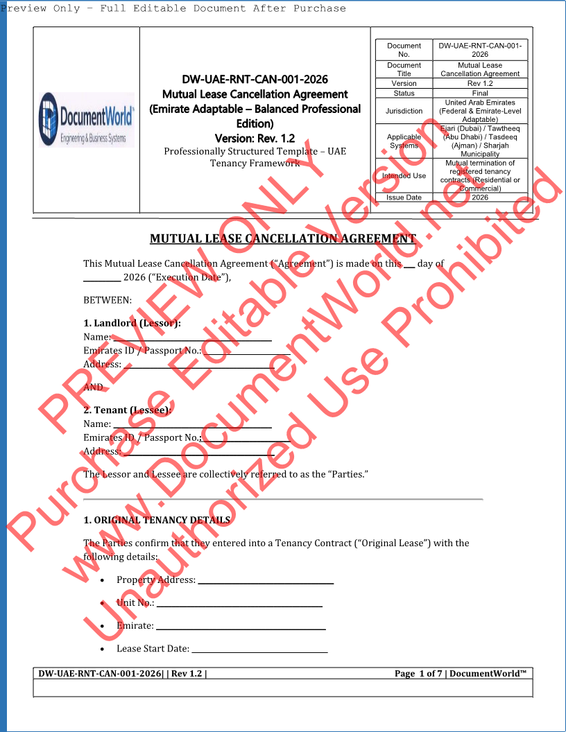 UAE Mutual Lease Cancellation Agreement Template (2026) | Ejari Cancellation | اتفاقية إلغاء عقد الإيجار بالتراضي