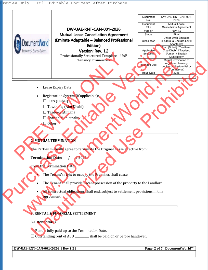 UAE Mutual Lease Cancellation Agreement Template (2026) | Ejari Cancellation | اتفاقية إلغاء عقد الإيجار بالتراضي