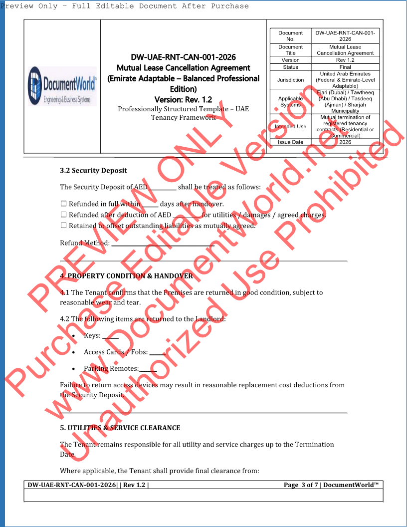 UAE Mutual Lease Cancellation Agreement Template (2026) | Ejari Cancellation | اتفاقية إلغاء عقد الإيجار بالتراضي