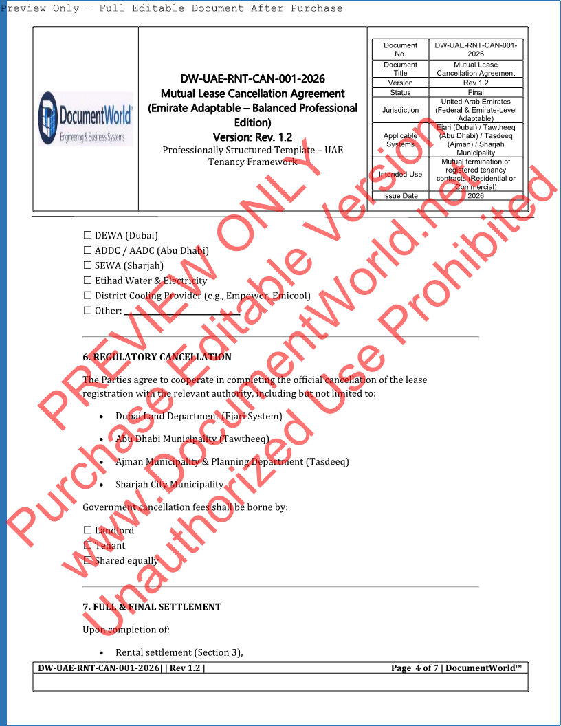 UAE Mutual Lease Cancellation Agreement Template (2026) | Ejari Cancellation | اتفاقية إلغاء عقد الإيجار بالتراضي