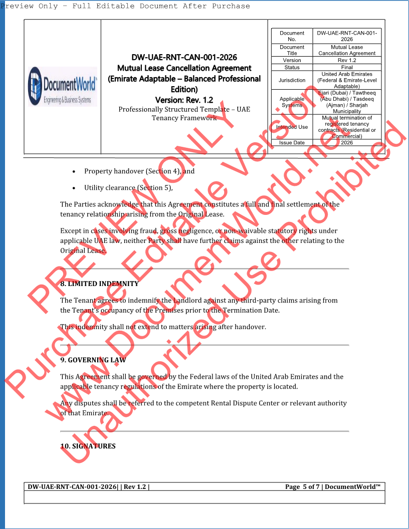 UAE Mutual Lease Cancellation Agreement Template (2026) | Ejari Cancellation | اتفاقية إلغاء عقد الإيجار بالتراضي