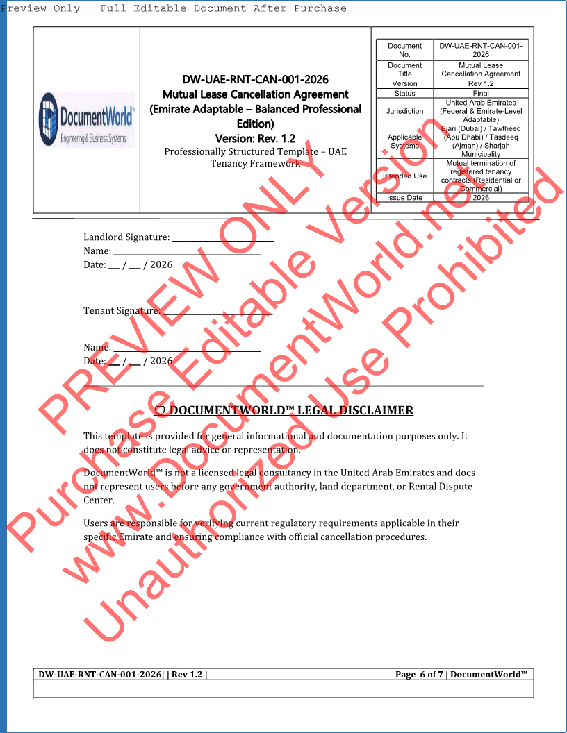 UAE Mutual Lease Cancellation Agreement Template (2026) | Ejari Cancellation | اتفاقية إلغاء عقد الإيجار بالتراضي