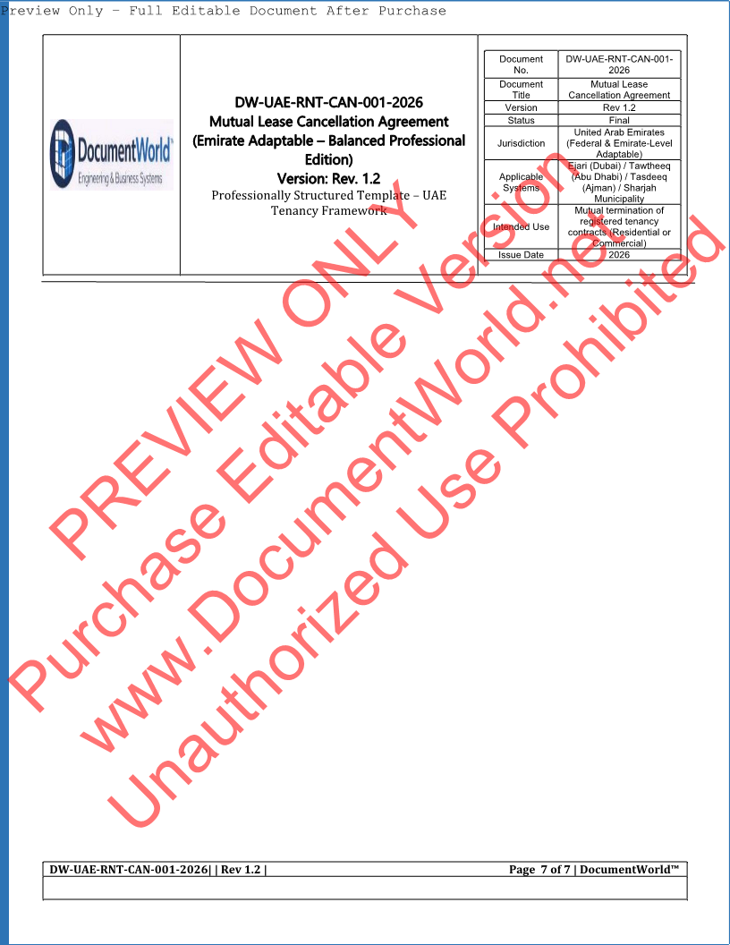 UAE Mutual Lease Cancellation Agreement Template (2026) | Ejari Cancellation | اتفاقية إلغاء عقد الإيجار بالتراضي