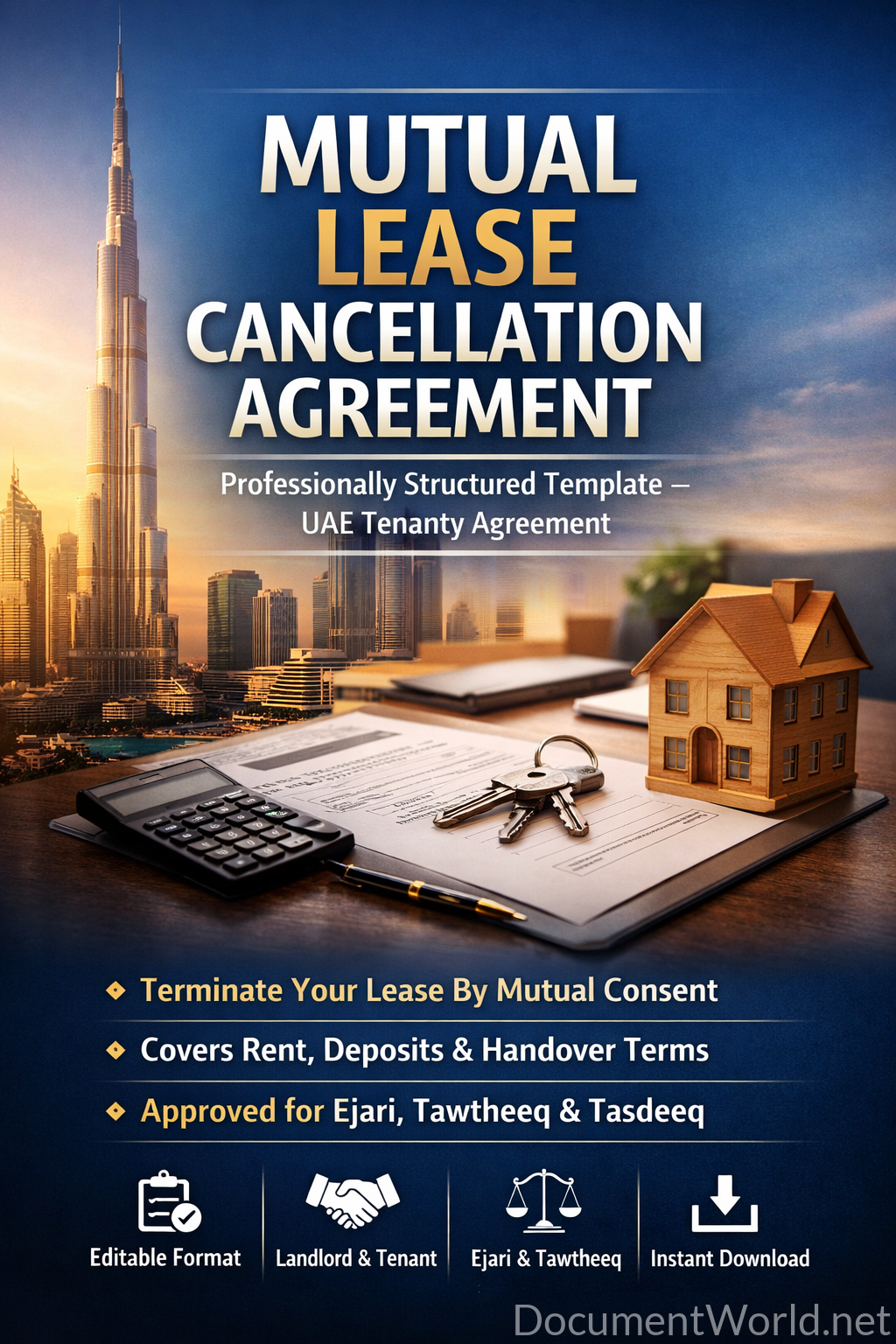 Professional UAE Mutual Lease Cancellation Agreement Template for Ejari / Tawtheeq | اتفاقية إلغاء عقد الإيجار بالتراضي