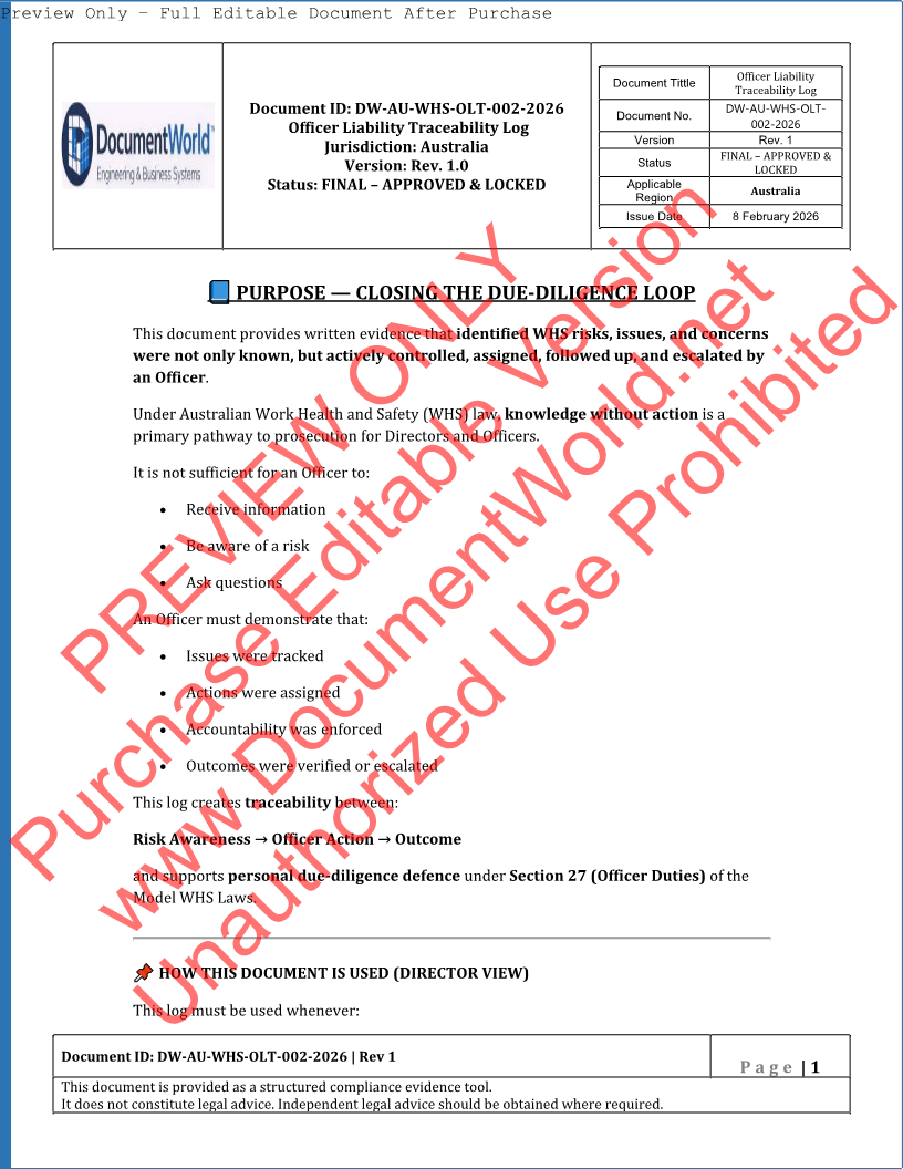 Australia WHS Officer Liability Traceability Log Template – Section 27 Due Diligence Compliance Document Editable Word