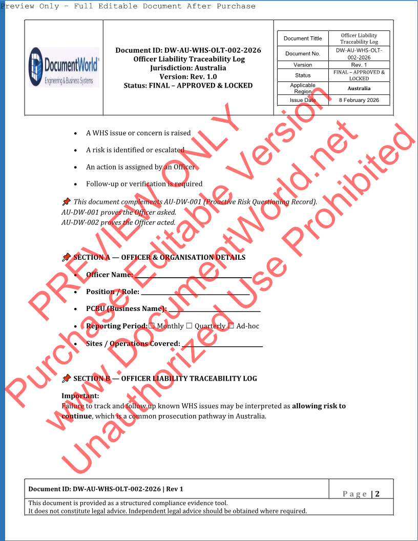 Australia WHS Officer Liability Traceability Log (Section 27 Due Diligence Record) – Editable Compliance Template
