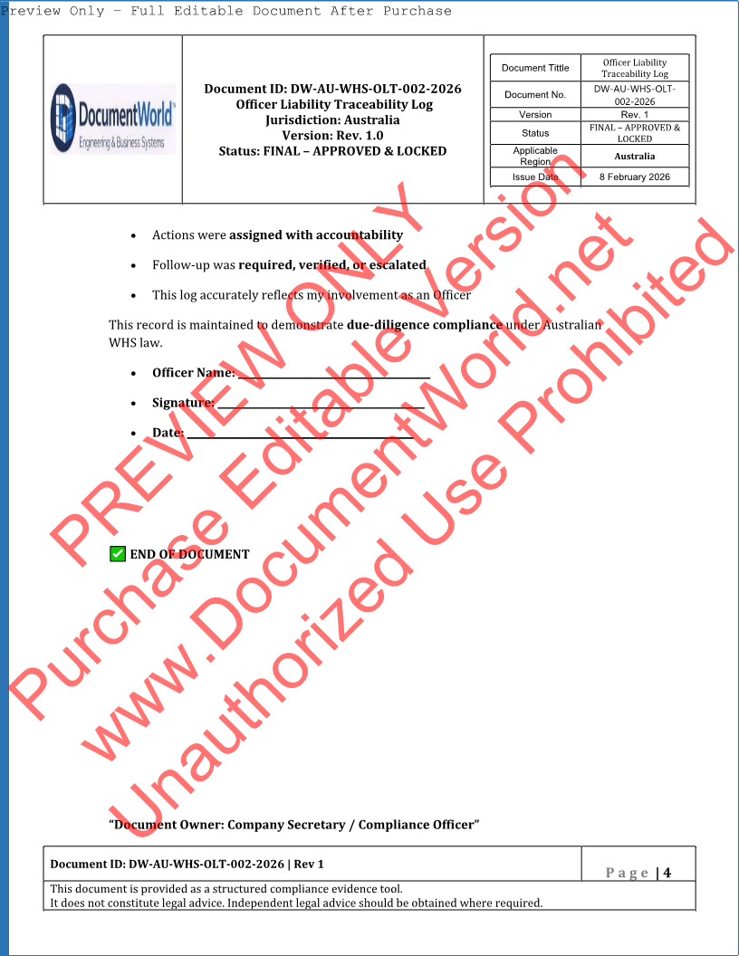 Australia WHS Officer Liability Traceability Log (Section 27 Due Diligence Record) – Editable Compliance Template