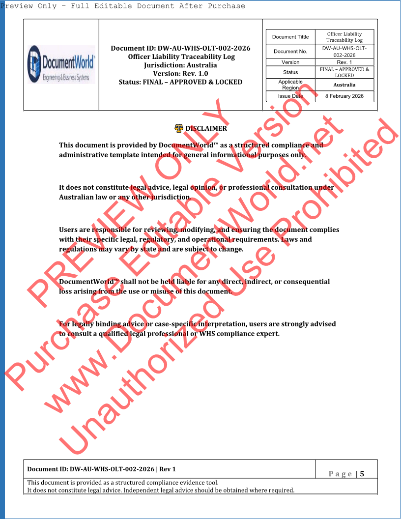 Australia WHS Officer Liability Traceability Log (Section 27 Due Diligence Record) – Editable Compliance Template