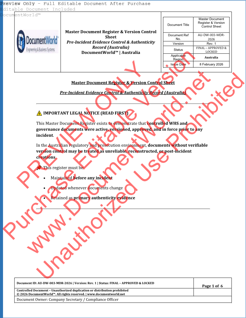 Master Document Register & Version Control Sheet (Australia) – AU-DW-003