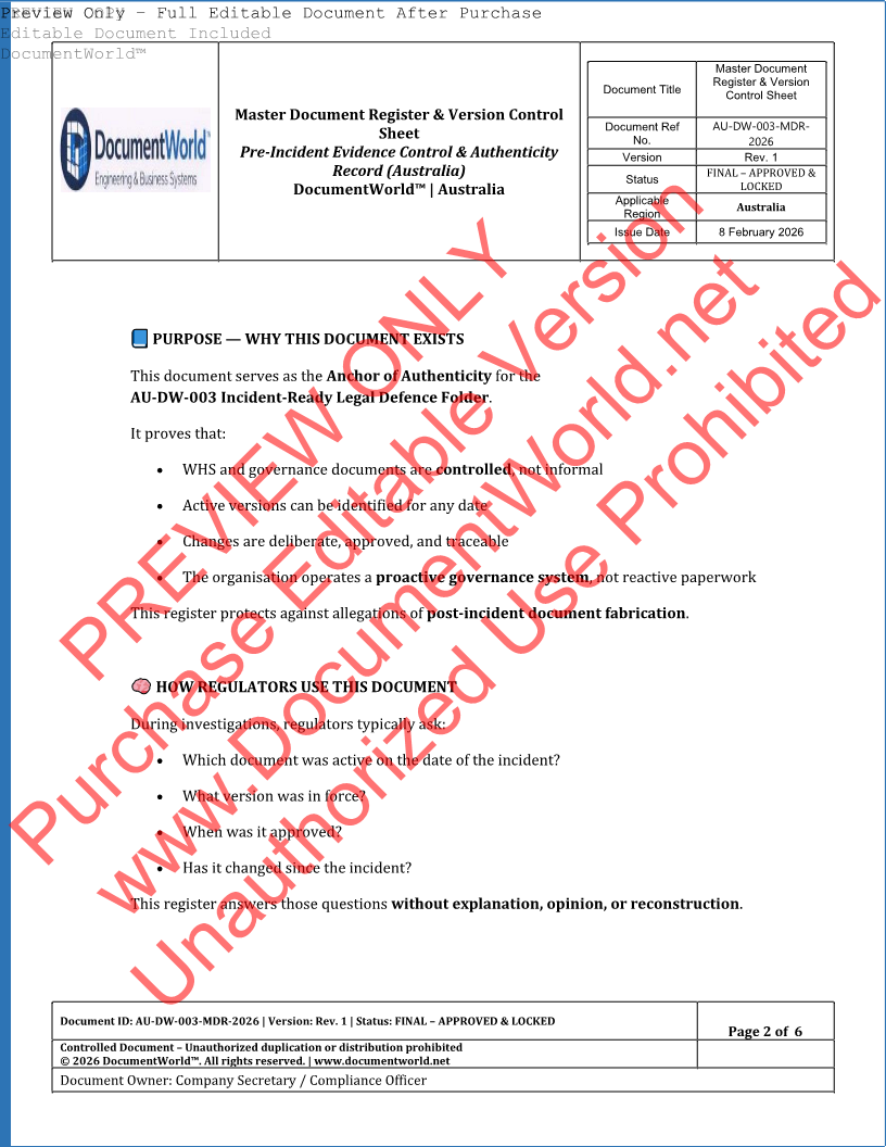 Master Document Register & Version Control Sheet (Australia) – AU-DW-003