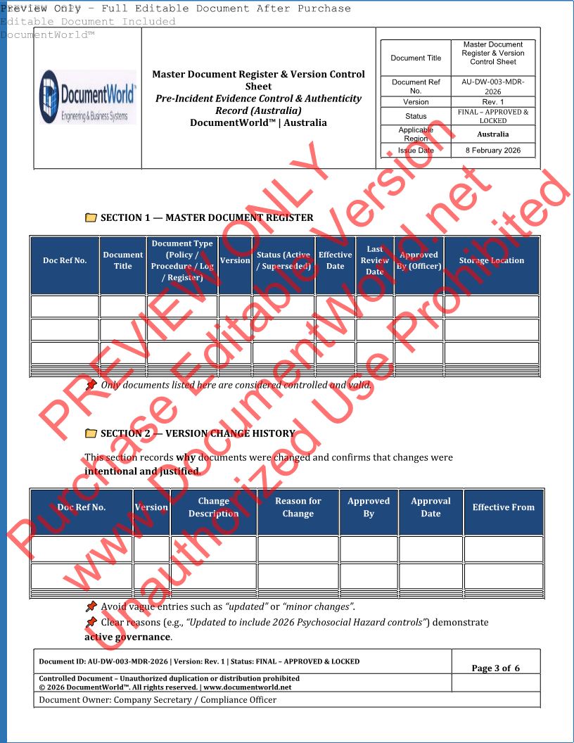Master Document Register & Version Control Sheet (Australia) – AU-DW-003
