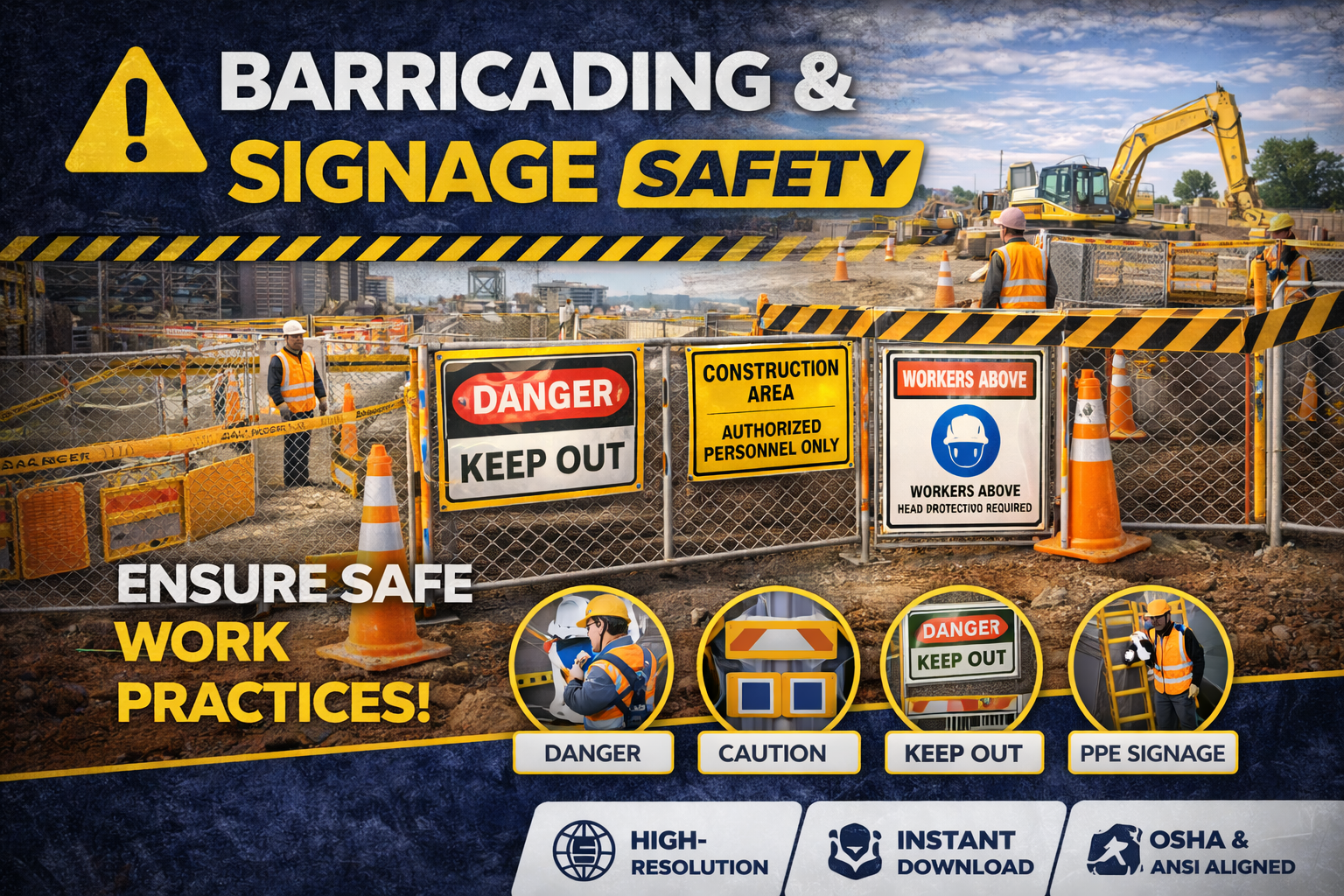 Barricading and Signage Safety Poster Construction Site Hazard Warning Workplace Safety Awareness