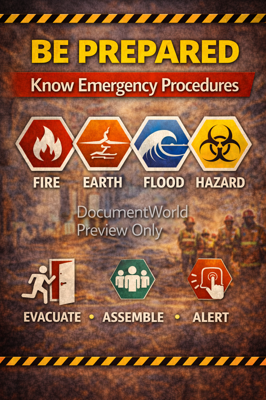 Be Prepared disaster preparedness safety poster showing emergency procedures for fire, earthquake, flood and hazard response