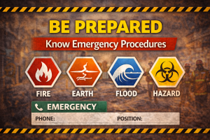 Be Prepared disaster preparedness safety poster showing emergency procedures for fire, earthquake, flood and hazard response