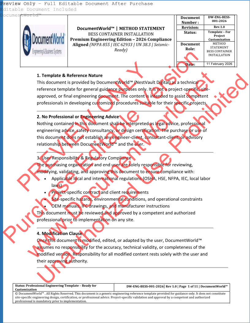 Method Statement – BESS Container Installation (2026 Engineering Edition) | NFPA 855 | IEC 62933 | Warranty-Protective