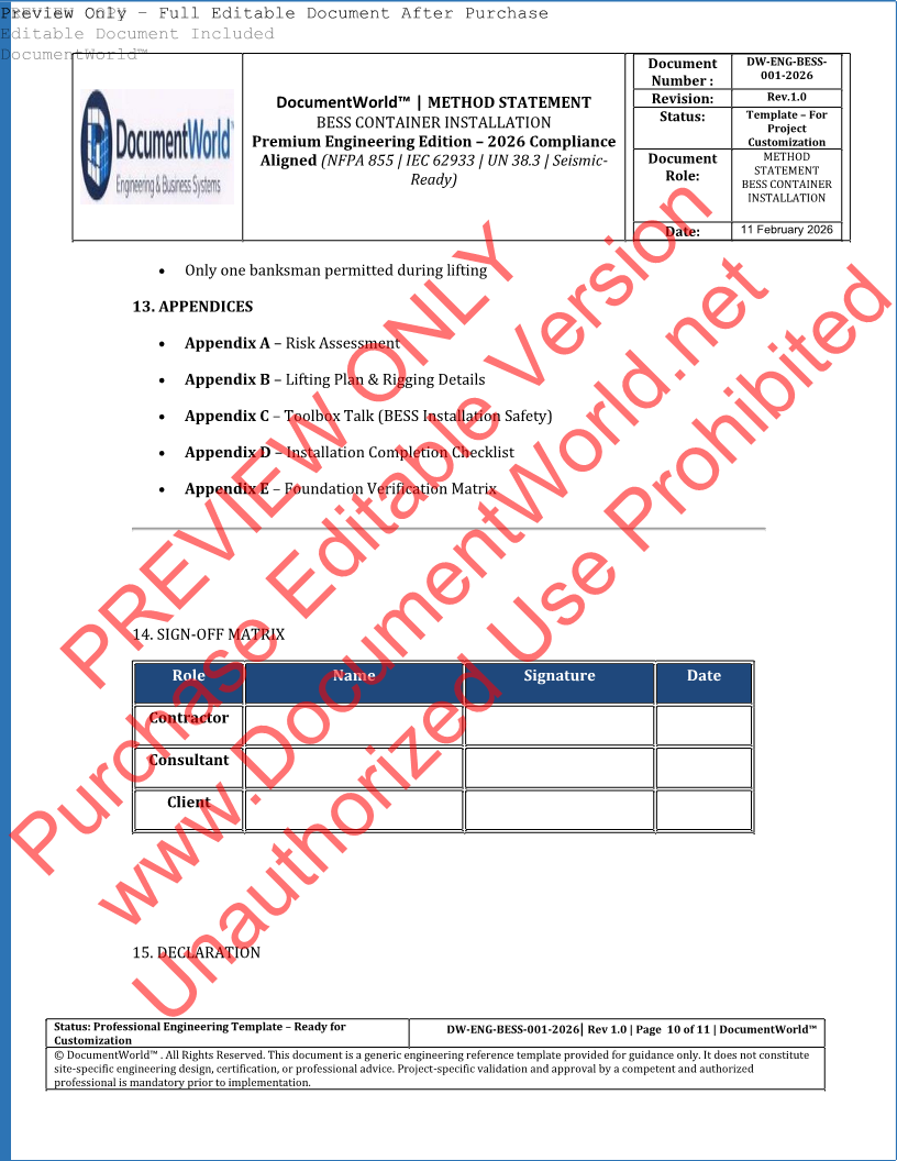 Method Statement – BESS Container Installation (2026 Engineering Edition) | NFPA 855 | IEC 62933 | Warranty-Protective