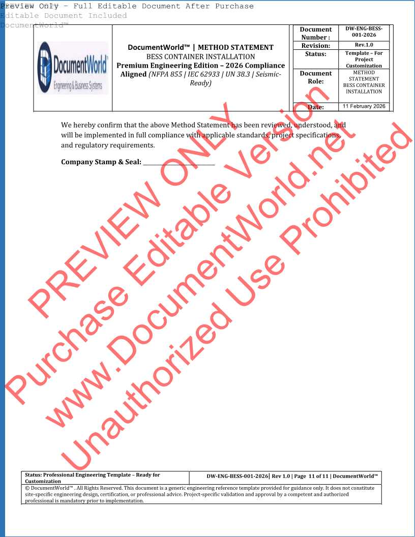 Method Statement – BESS Container Installation (2026 Engineering Edition) | NFPA 855 | IEC 62933 | Warranty-Protective