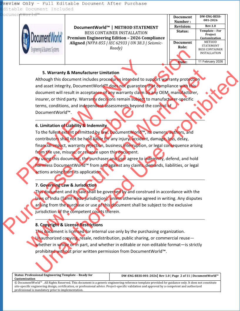 Method Statement – BESS Container Installation (2026 Engineering Edition) | NFPA 855 | IEC 62933 | Warranty-Protective