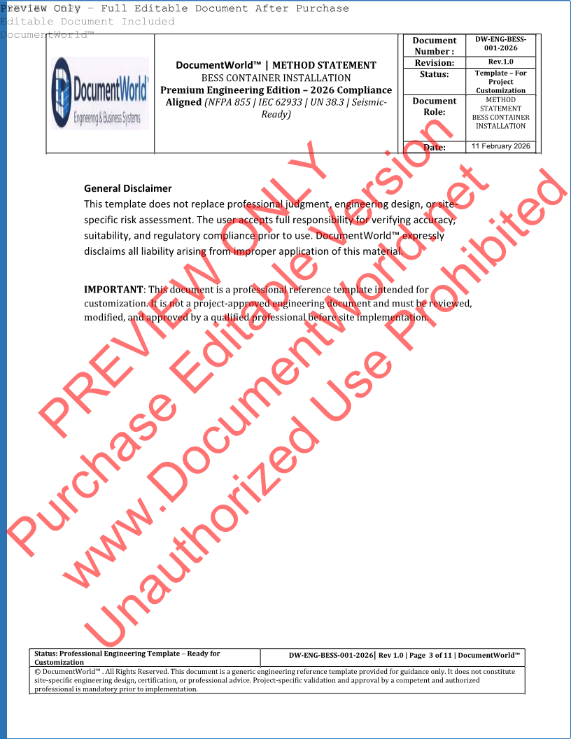 Method Statement – BESS Container Installation (2026 Engineering Edition) | NFPA 855 | IEC 62933 | Warranty-Protective