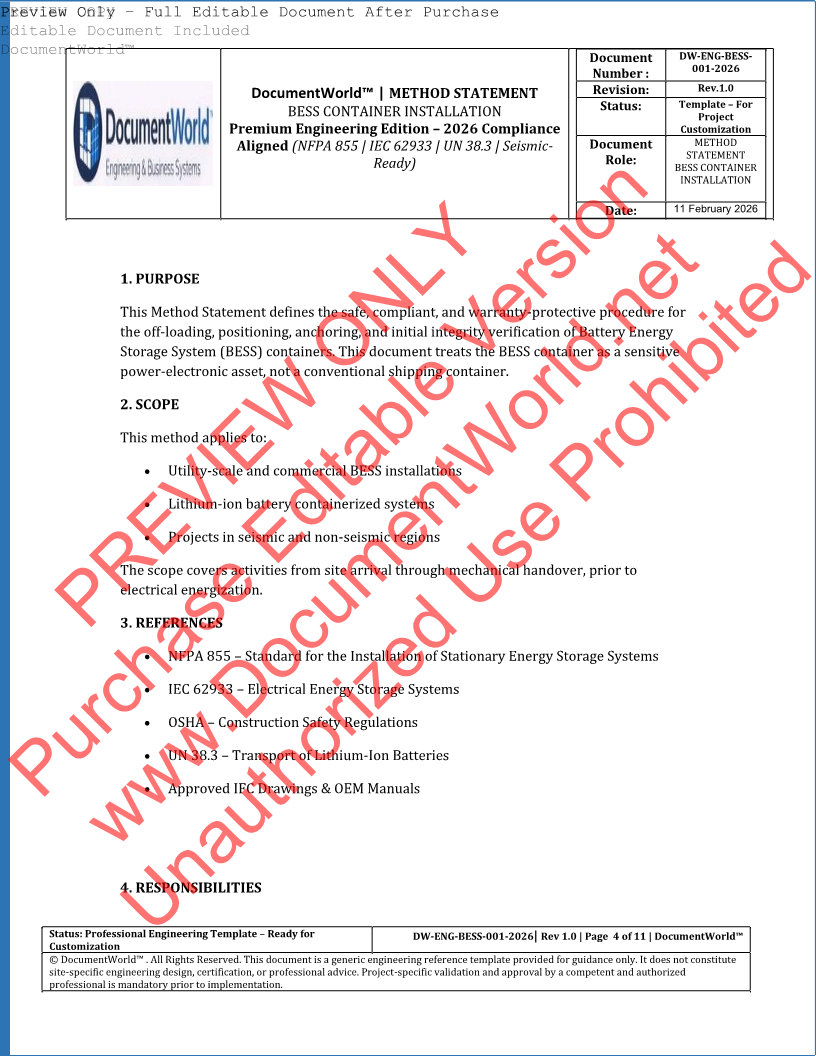 Method Statement – BESS Container Installation (2026 Engineering Edition) | NFPA 855 | IEC 62933 | Warranty-Protective