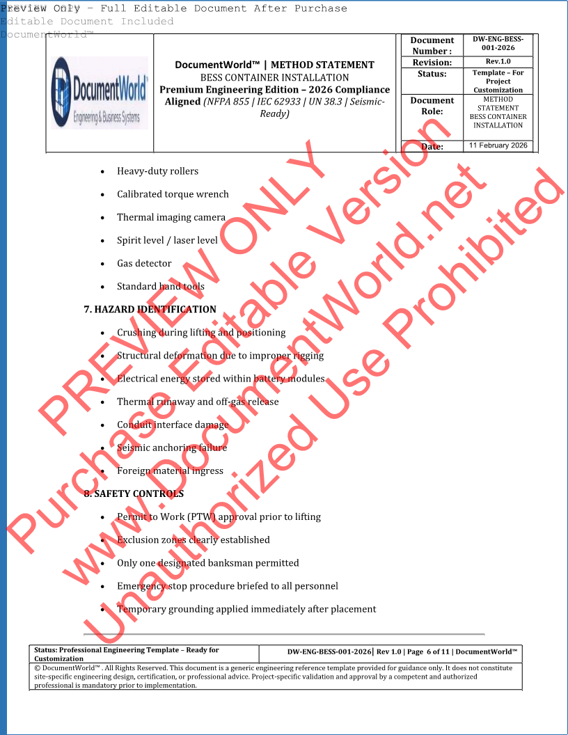 Method Statement – BESS Container Installation (2026 Engineering Edition) | NFPA 855 | IEC 62933 | Warranty-Protective