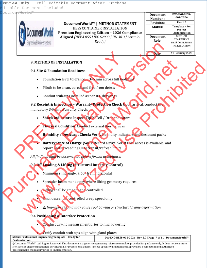 Method Statement – BESS Container Installation (2026 Engineering Edition) | NFPA 855 | IEC 62933 | Warranty-Protective