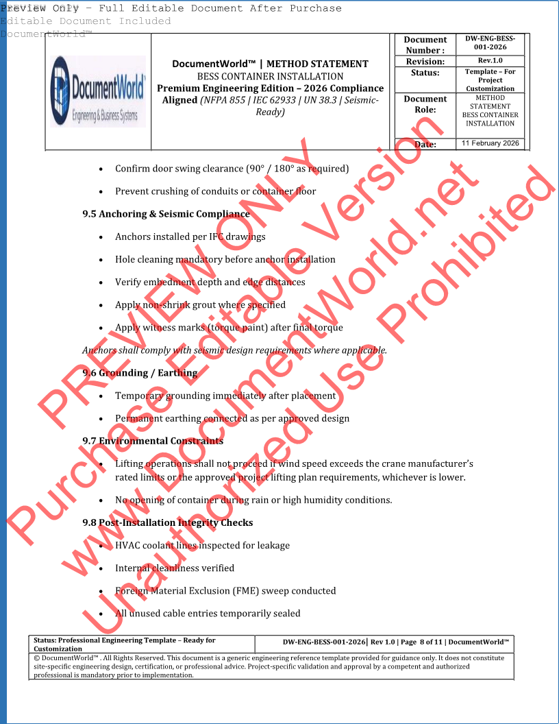 Method Statement – BESS Container Installation (2026 Engineering Edition) | NFPA 855 | IEC 62933 | Warranty-Protective