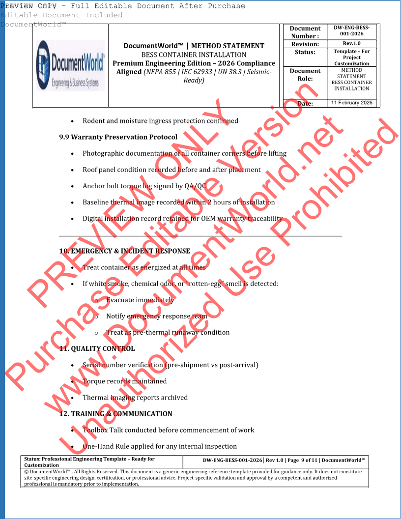 Method Statement – BESS Container Installation (2026 Engineering Edition) | NFPA 855 | IEC 62933 | Warranty-Protective
