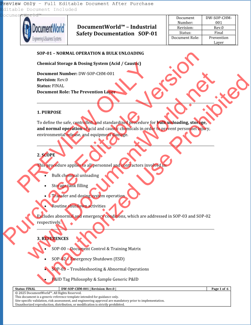 SOP-01 chemical storage dosing system bulk unloading procedure acid caustic industrial safety document audit ready