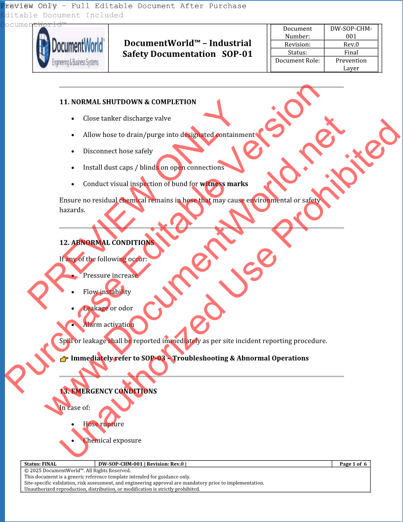 SOP-01: Normal Operation & Bulk Unloading Procedure (Acid / Caustic) – Audit-Ready Chemical Handling SOP