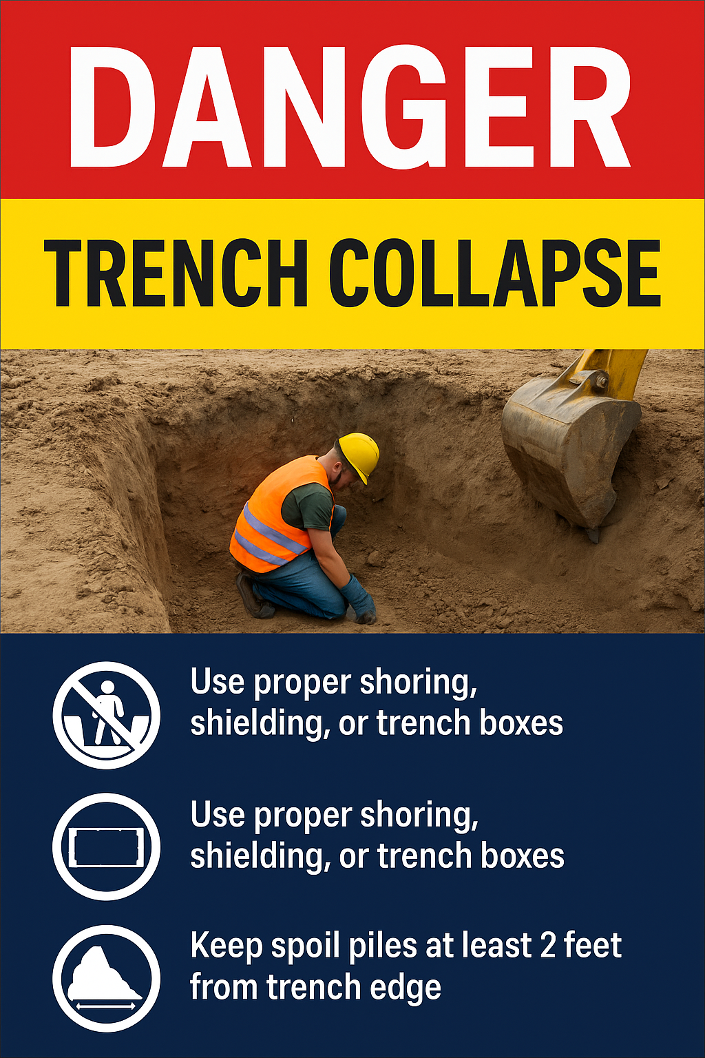 Danger Trench Collapse Safety Poster Excavation Hazard Construction Site Safety Awareness