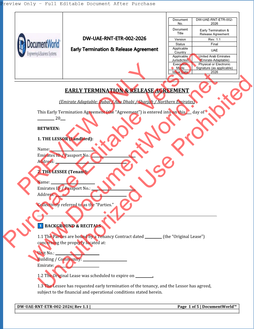 UAE Early Termination & Release Agreement Template (2026) | Lease Cancellation | Ejari Exit Document