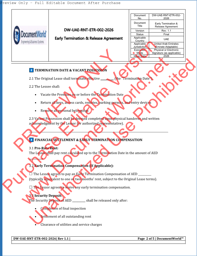 UAE Early Termination & Release Agreement Template (2026) | Lease Cancellation | Ejari Exit Document