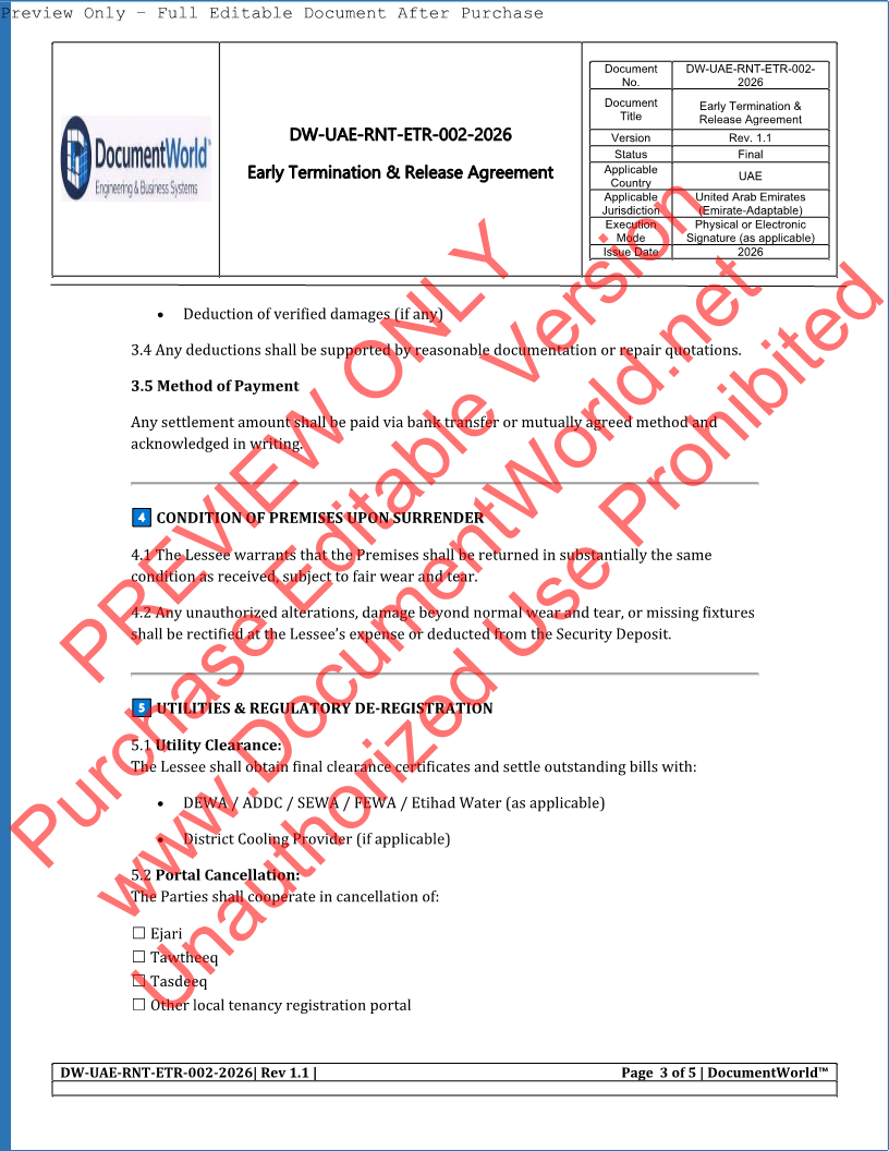 UAE Early Termination & Release Agreement Template (2026) | Lease Cancellation | Ejari Exit Document