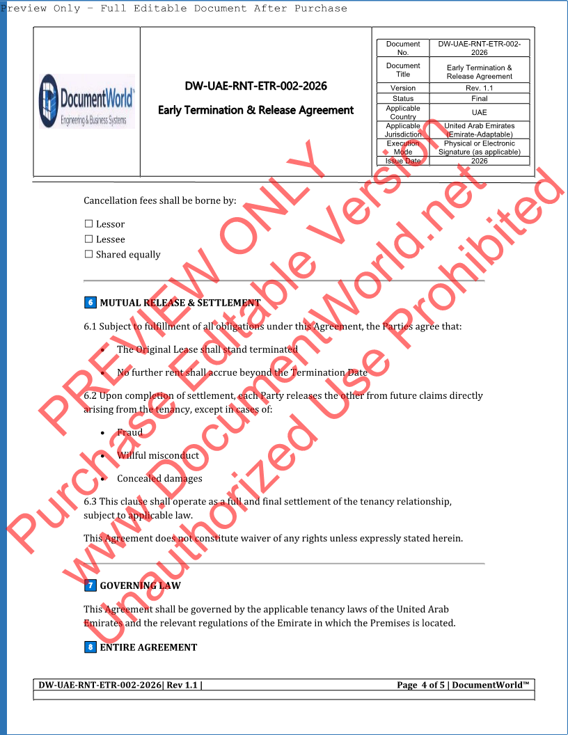 UAE Early Termination & Release Agreement Template (2026) | Lease Cancellation | Ejari Exit Document