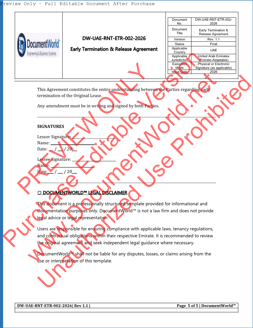 UAE Early Termination & Release Agreement Template (2026) | Lease Cancellation | Ejari Exit Document