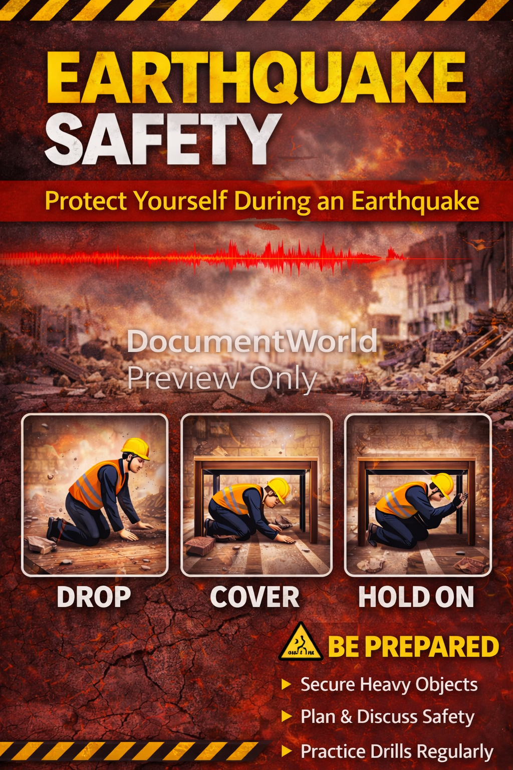Earthquake Safety Awareness Poster showing Drop Cover Hold On emergency procedures for workplaces and public buildings