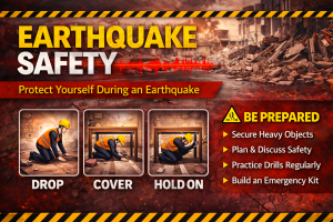 Earthquake Safety Awareness Poster showing Drop Cover Hold On emergency procedures for workplaces and public buildings