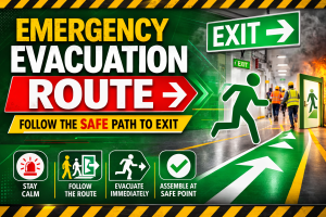 Emergency Evacuation Route Safety Poster showing exit direction and emergency evacuation instructions for workplaces and construction sites