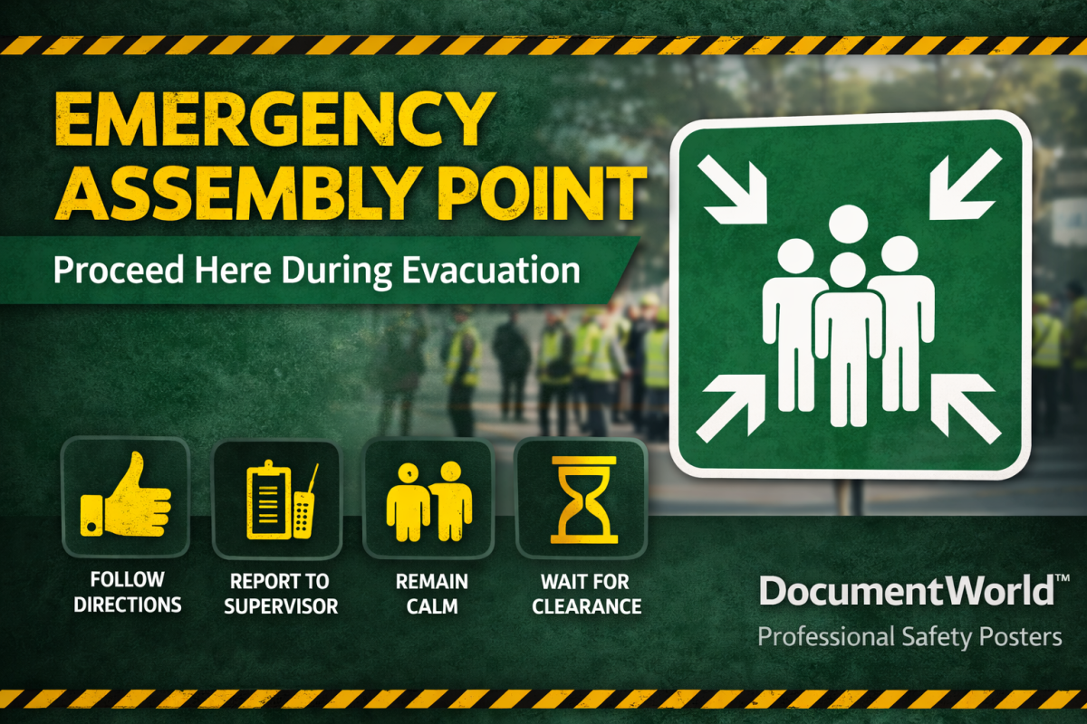 Emergency Assembly Point Safety Poster showing evacuation meeting point sign for workplace emergency evacuation procedures