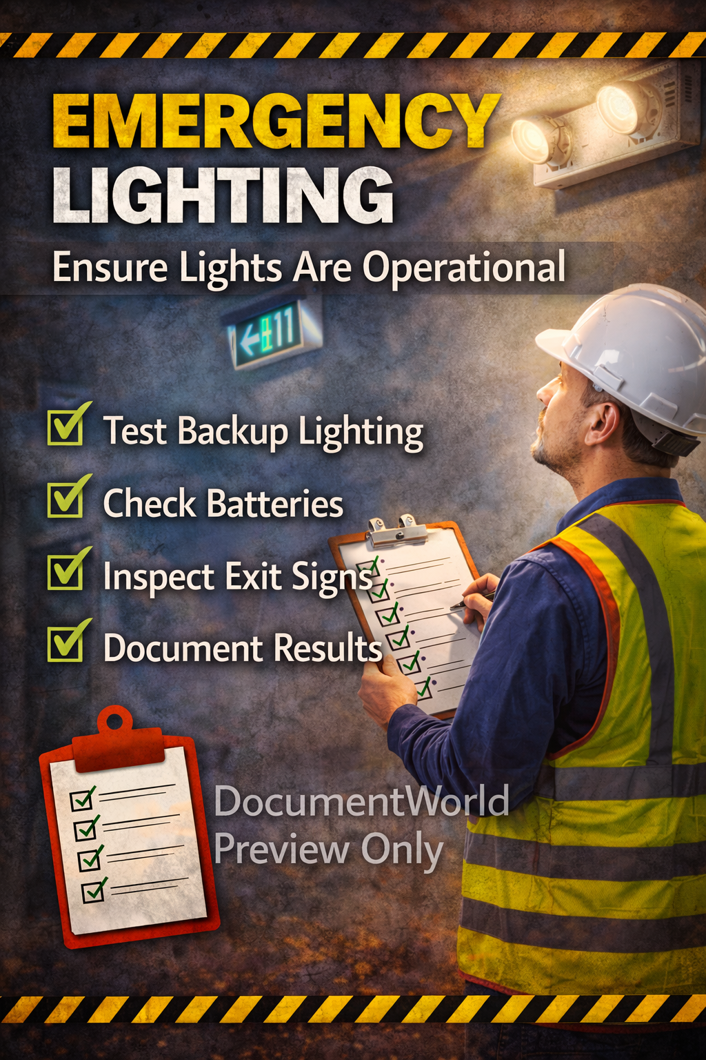Emergency lighting inspection safety poster showing checklist for testing backup lighting and exit signs