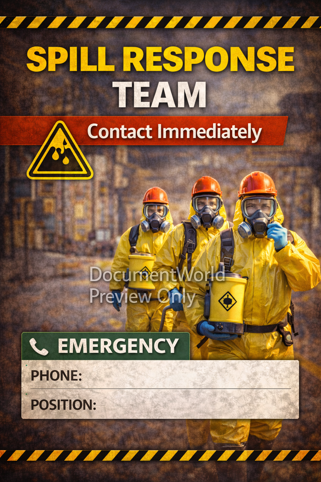 Spill Response Team emergency safety poster showing contact immediately instruction for hazardous spill incidents