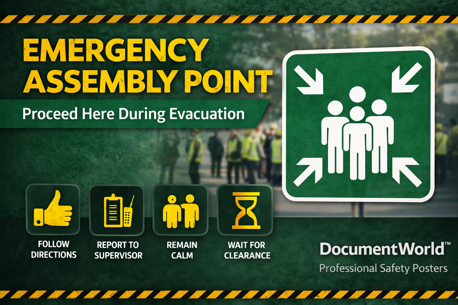 Emergency Assembly Point Safety Poster showing evacuation meeting point sign for workplace emergency evacuation procedures
