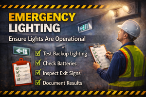 Emergency lighting inspection safety poster showing checklist for testing backup lighting and exit signs