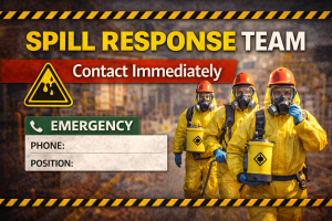 Spill Response Team emergency safety poster showing contact immediately instruction for hazardous spill incidents