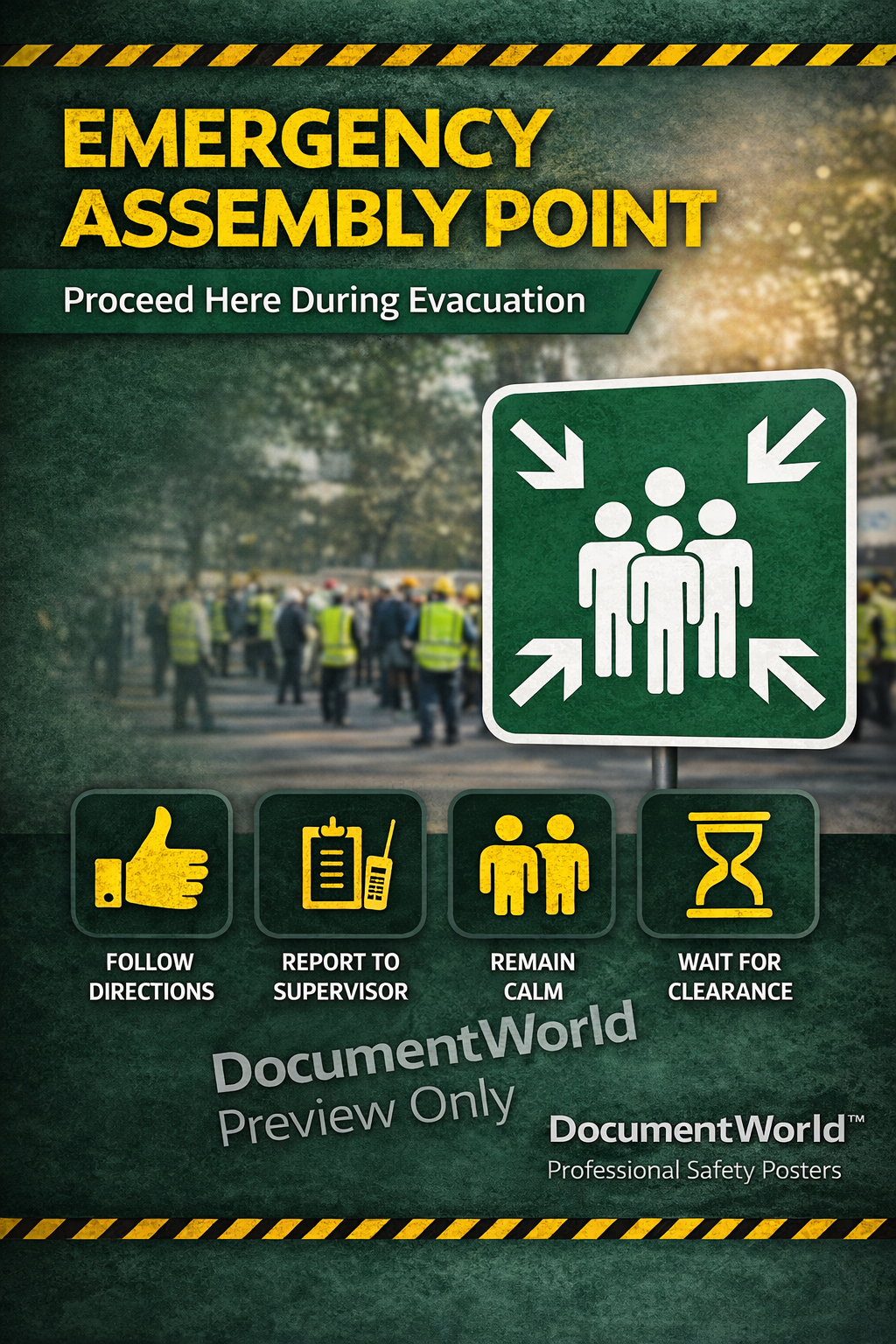 Emergency Assembly Point Safety Poster showing evacuation meeting point sign for workplace emergency evacuation procedures