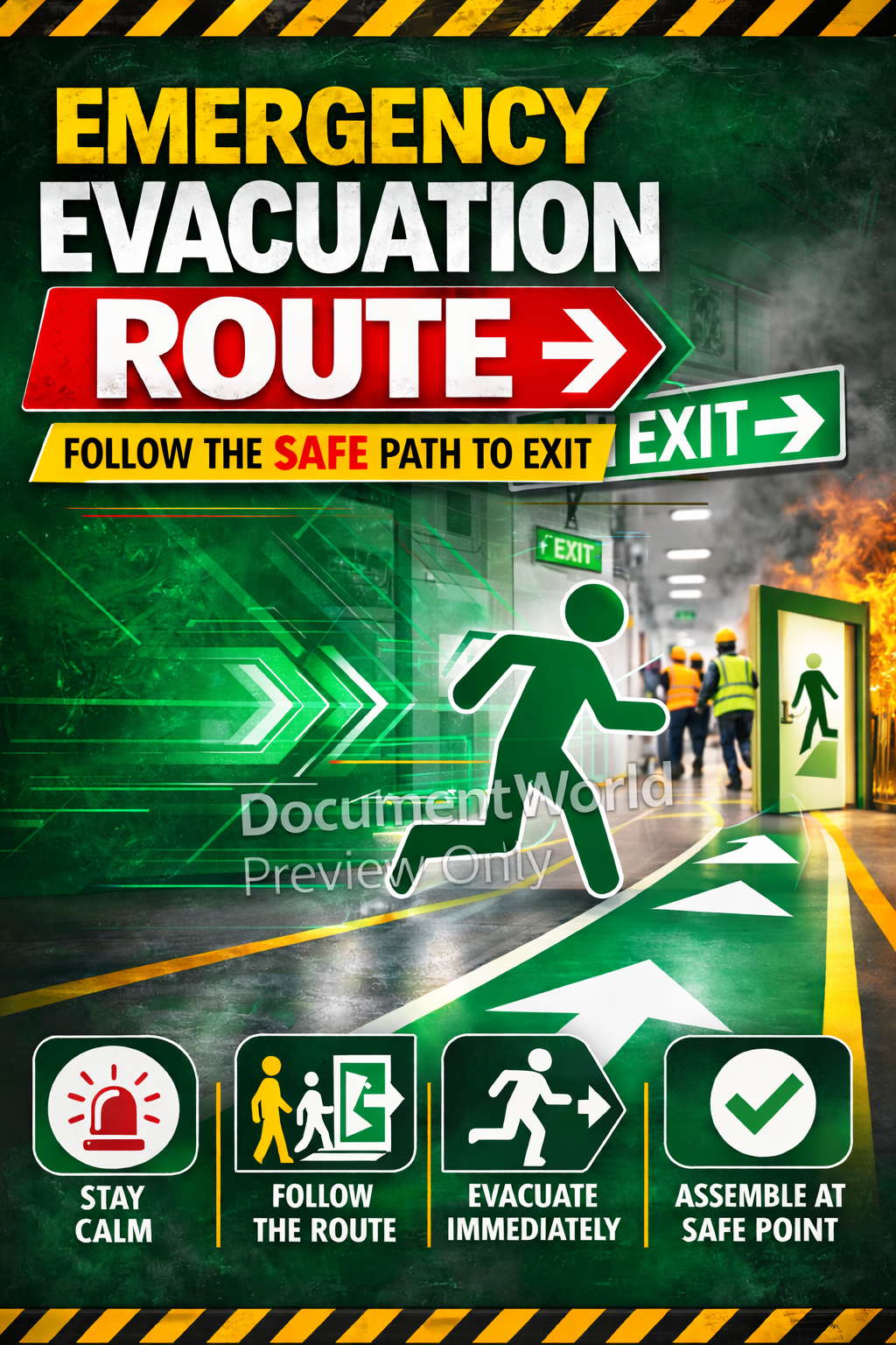 Emergency Evacuation Route Safety Poster showing exit direction and emergency evacuation instructions for workplaces and construction sites