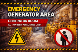 Emergency generator room safety poster showing authorized personnel only warning for generator area access control