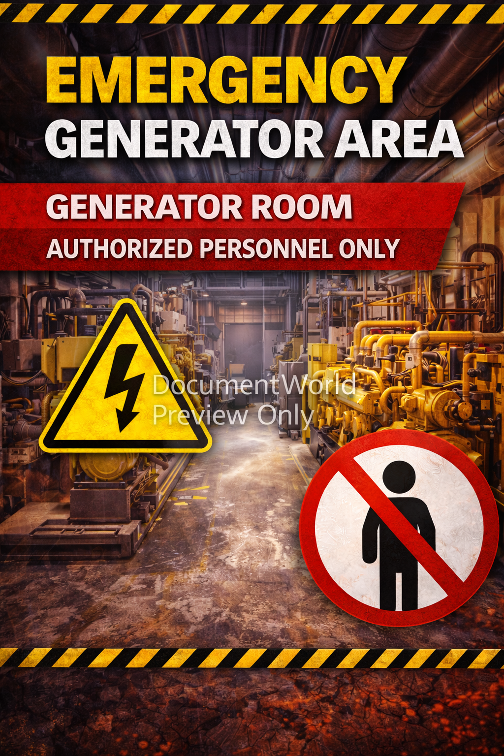 Emergency generator room safety poster showing authorized personnel only warning for generator area access control