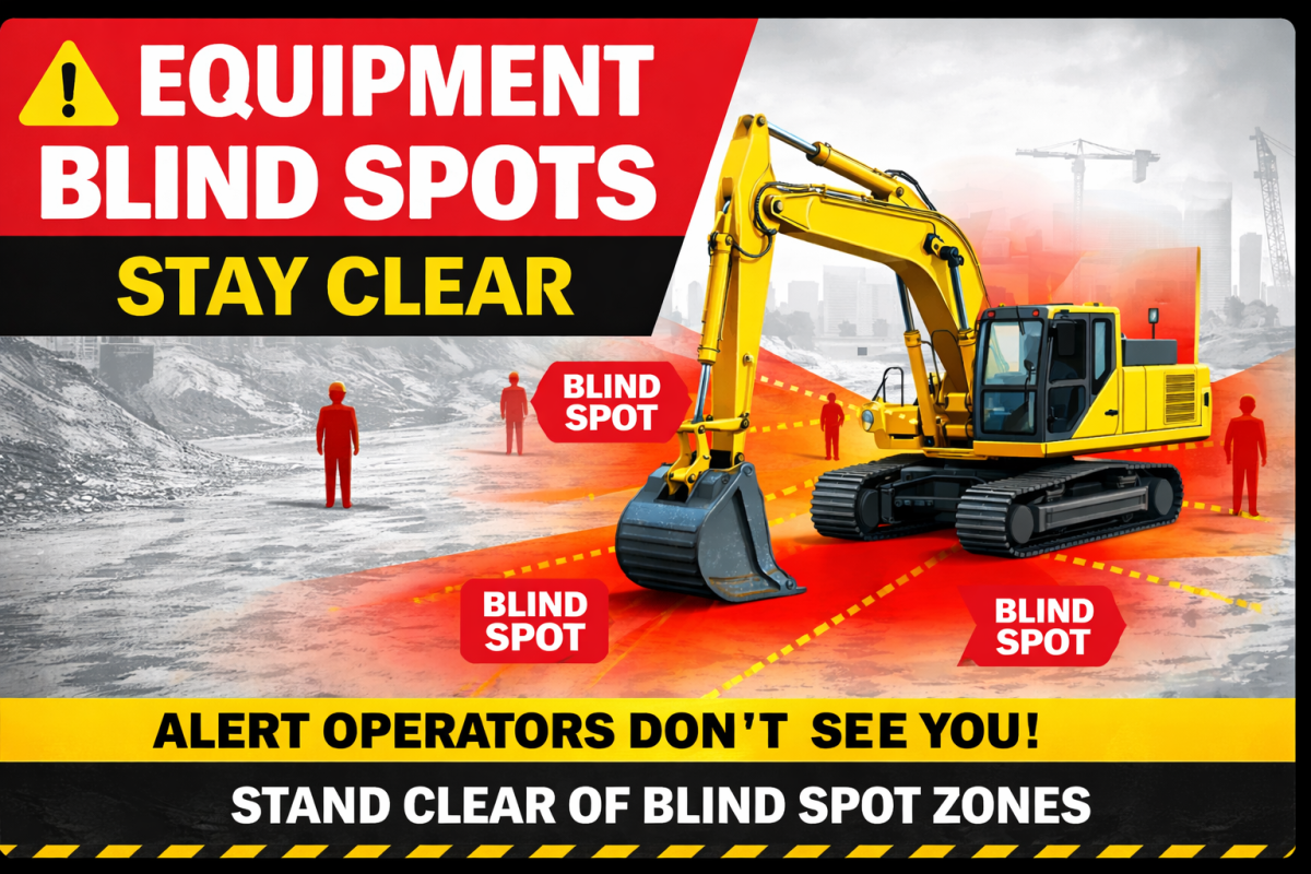 A professional Equipment Blind Spot Safety – Stay Clear poster designed to prevent accidents around heavy machinery. Ideal for construction sites, warehouses, and industrial workplaces where visibility is limited. Clear warning visuals and instructions help workers stay safe in high-risk zones.